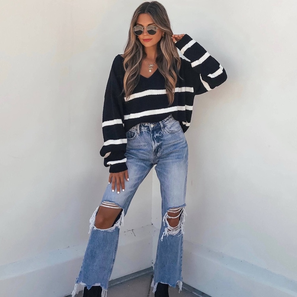 Black and White Striped V Neck Sweater
